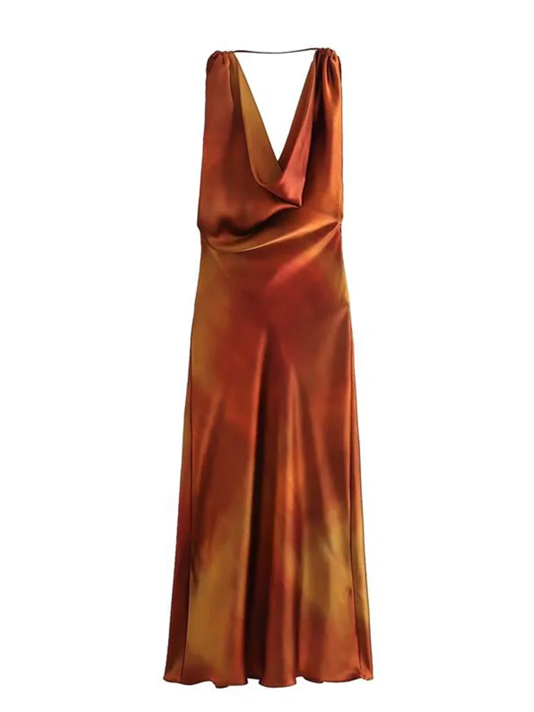 

TRAF 2023 Summer Women's New Mid Length Camisole Dress Elegant Halter Neck Backless Party Dress