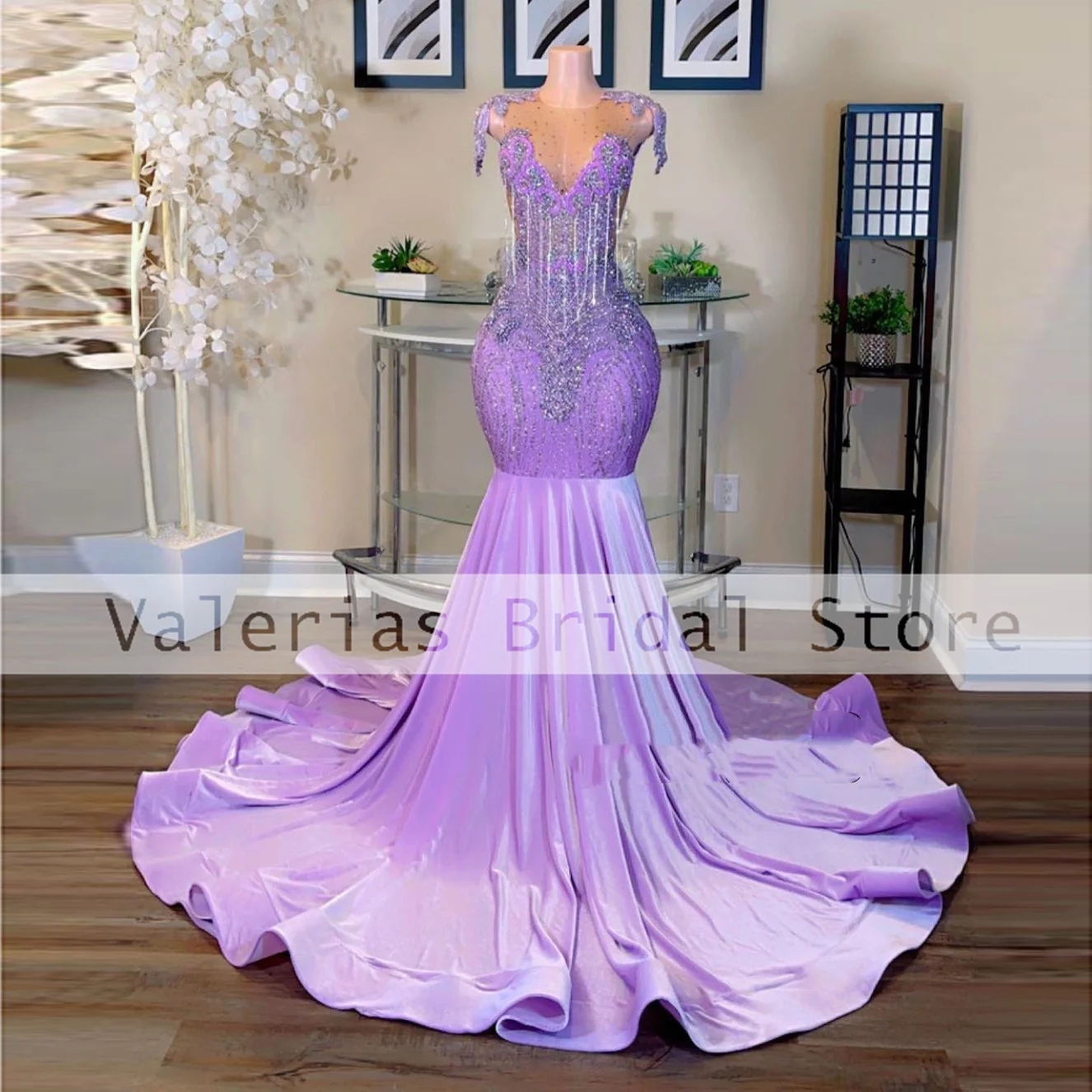 

Purple Mermaid Prom Dress Beads Sequined Tassel Sheer O-Neck Sexy Evening Dresses Graduation Party Gowns فساتين للحفلات الراقصة