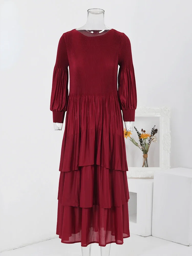 

Женское плиссированное платье миаке, оригинальное элегантное однотонное платье с круглым вырезом и рукавами-фонариками, весна 2024