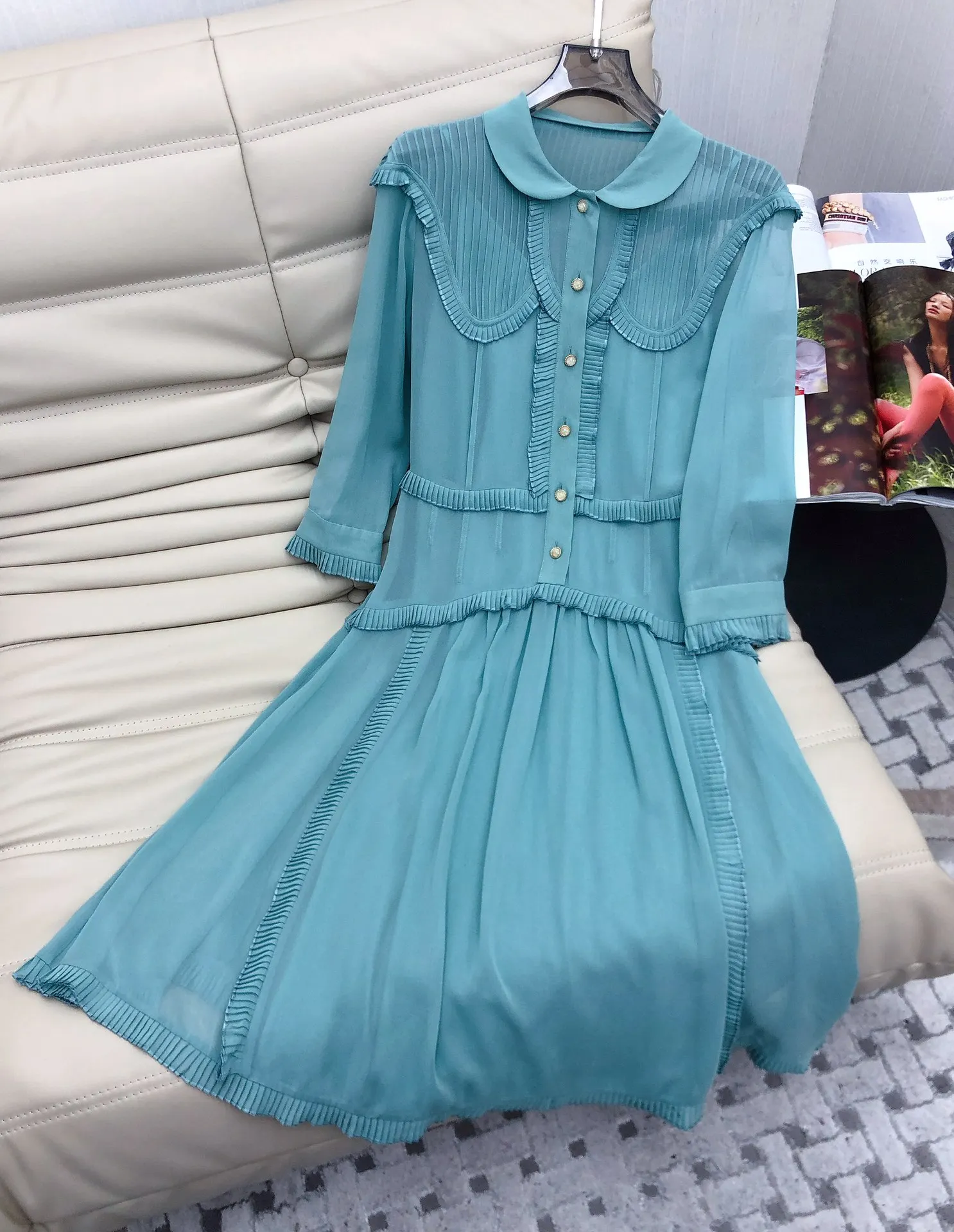 

2023 Summer sweet peter pan collar 3/4 Sleeve Elegant 100% Silk Dress Edible Tree Fungus dress with tank