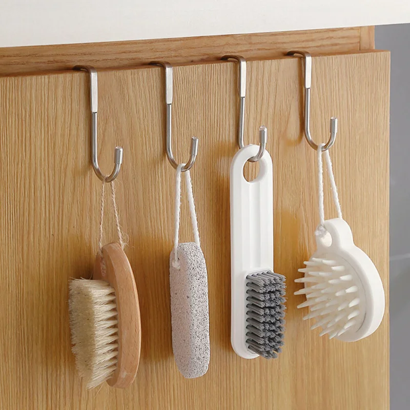 

2/5pcs Stainless Steel Over Door Reversible Hooks Cloth Cupboard Drawer Hanger Hang Bag Towel Hook for Kitchen Bathroom Cabinet
