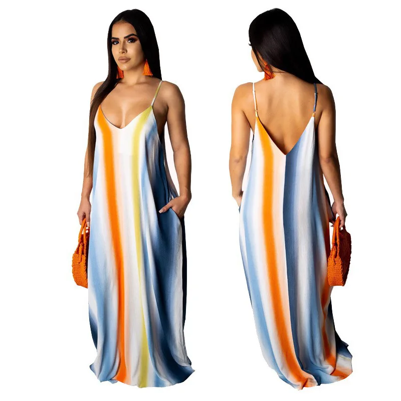 

400g High Quality Fabric Dresses for Women Plus Size Pink Sleeveless Dress Bohemian Loose Spaghetti Strap V-Neck Skirts