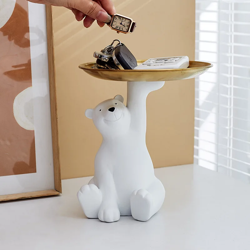 

Creative White Bear Statue Storage Tray Nordic Home Decor Living Room Table Decoration Snacks Storage Tray Decoration Crafts