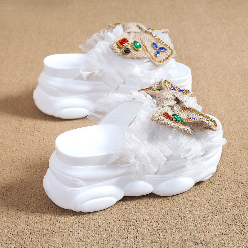

Ladies Leather Thick Bottom Lace Bow Slippers 2022 New High Heel Sandals Women Zapatos De Mujer Fluffy Slides