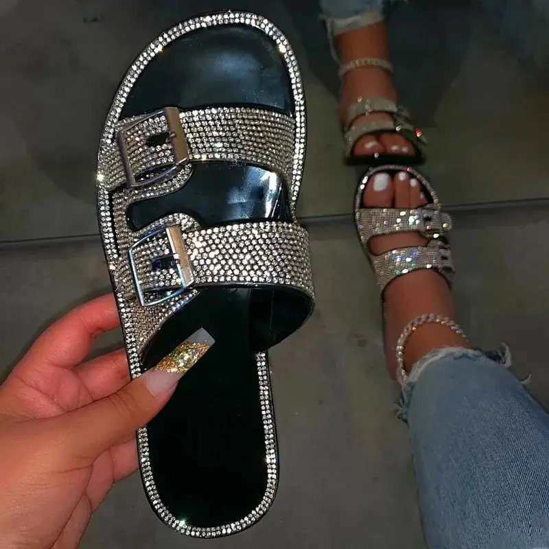 

Summer Luxury Women Slippers Rhinestone Flat Double Buckle Decoration Open Toe Lightcolor Fashion Sexy Ladies Shoes Female 2020
