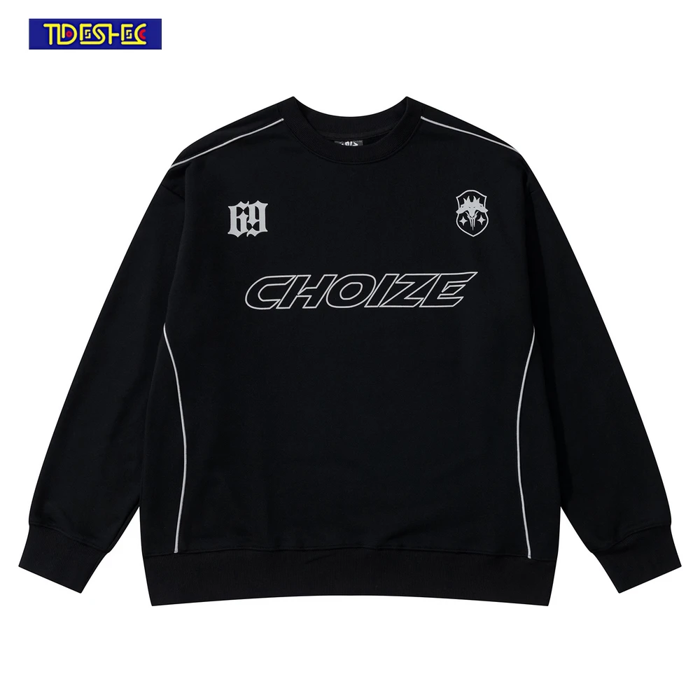 

Men Harajuku Sweatshirt Reflective Line Letter Print Pullover Hip Hop Sweatshirt Oversize Cotton Streetwear Pullover Sweatshirt