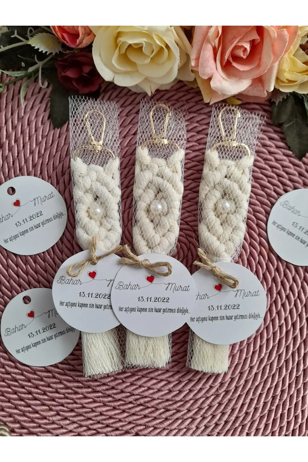 

Tassel Handmade Gift Macrame 25 Pieces Keychain With Tag And Pearl Decorated, Wedding Henna Birthday Circumcision Gift