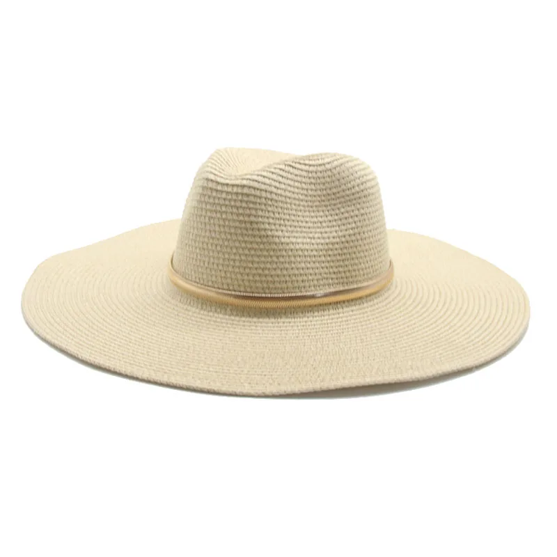 

summer hats men women big brim 11cm chain belt summer straw hats paper solid khaki black white outdoor sun protection sun hats