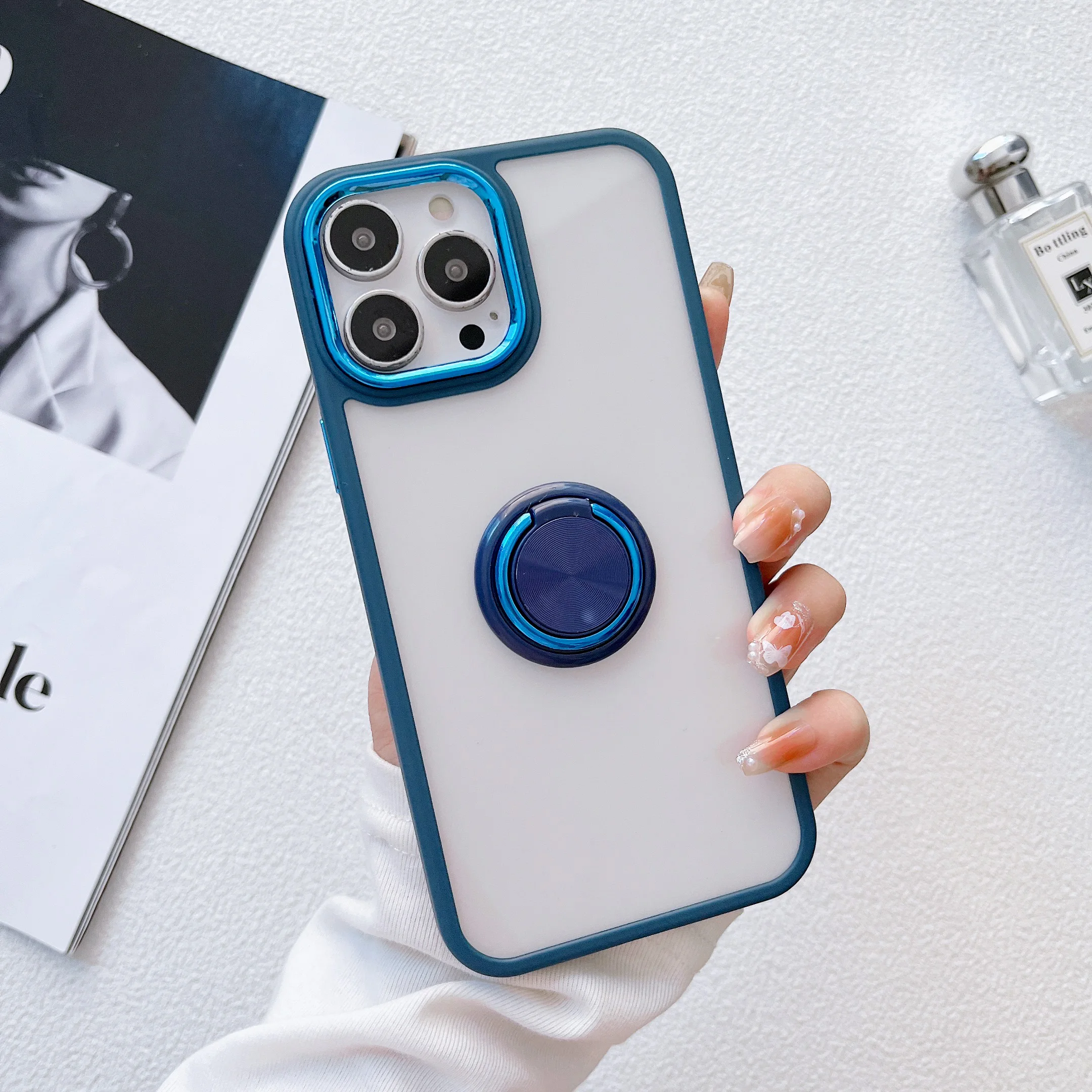 

Luxury Clear Plating Case for iPhone 14 Pro Max Plus Acrylic Finger Ring Phone Cover iPhone 13 12 11 Pro Max XS XR 8 7 Plus SE