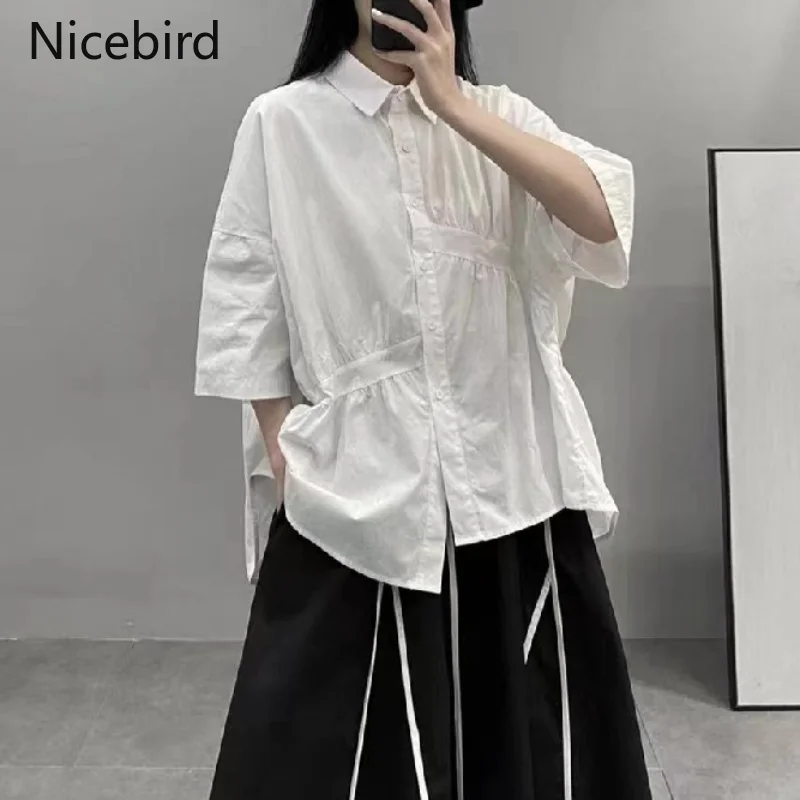 

Nicebird Chic Blouse Women Loose Lapel Cotton Linen Short Sleeve Folds Patchwork Irregular Shirt Retro Elegant Daily Button Top