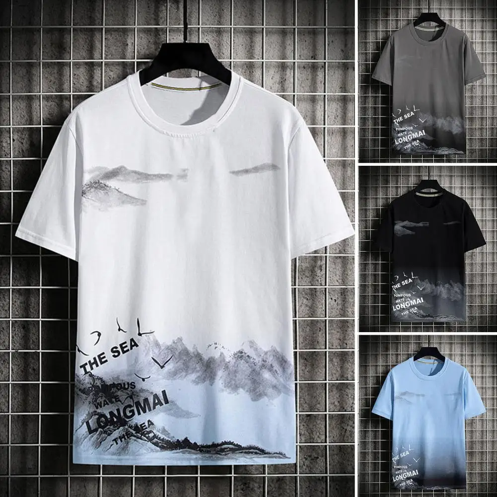 

Trendy O Neck Loose Type Men T-shirt Gradient Seagull Print Short Sleeves Summe Tops Stylish Wear-resistant Men Tops For Work