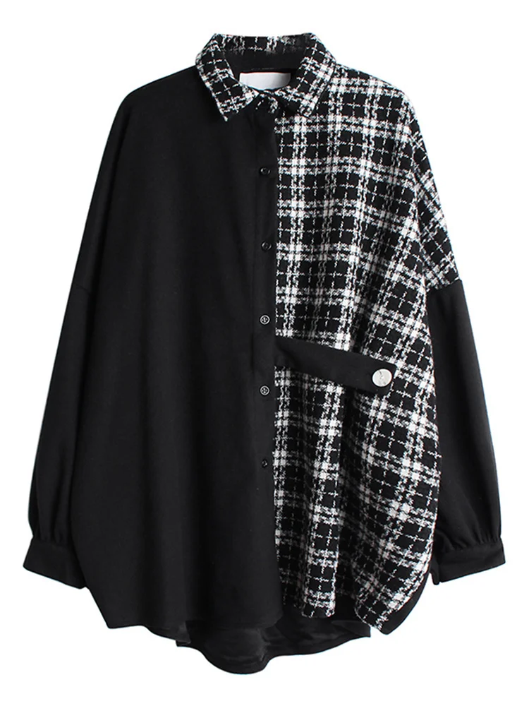 

Women Tweed Plaid Split Big Size Blouse New Lapel Long Sleeve Loose Fit Shirt Fashion Tide Spring Autumn 2022 B898