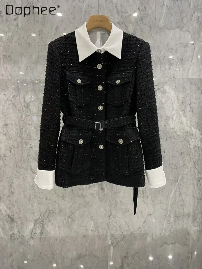 Women Luxury Clothes Black Blazer Coat Women's Clothing 2023 Autumn New Sweet Long Sleeve Belted Tweed Suit Jacket Office Ladies