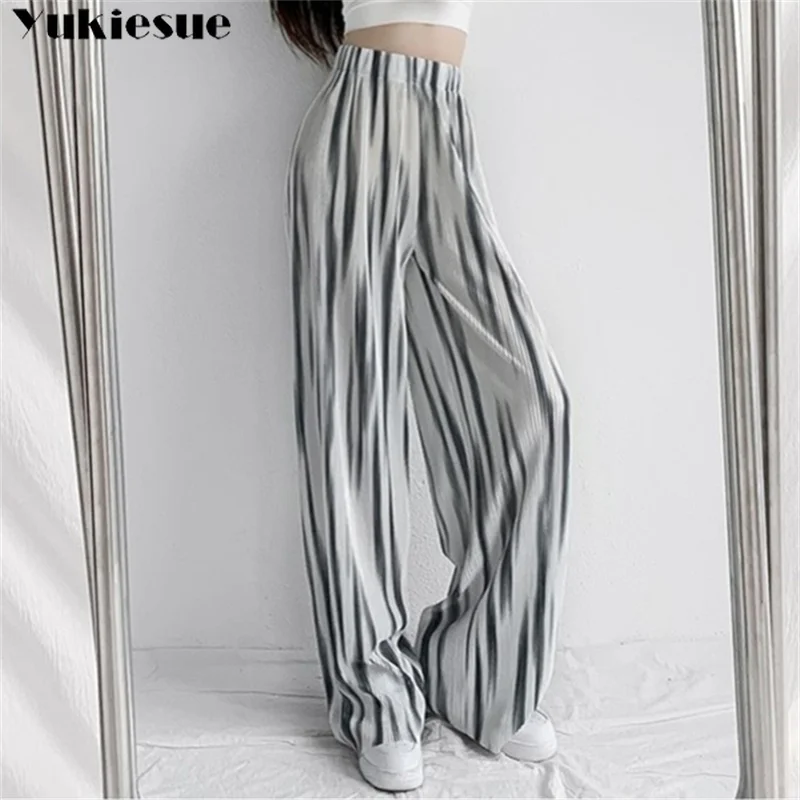 

harajuku summer high waist elastic striped chiffon Women's wide leg Capris pants for women baggy straight pants woman trousers