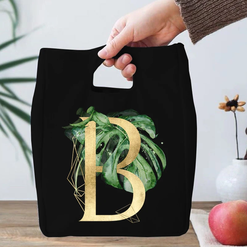 

Gold Alphabet Set Collection with Watercolor Green Tropical Leaves Cooler Lunch Bag Portable Insulated Thermal Food Picnic Pouch