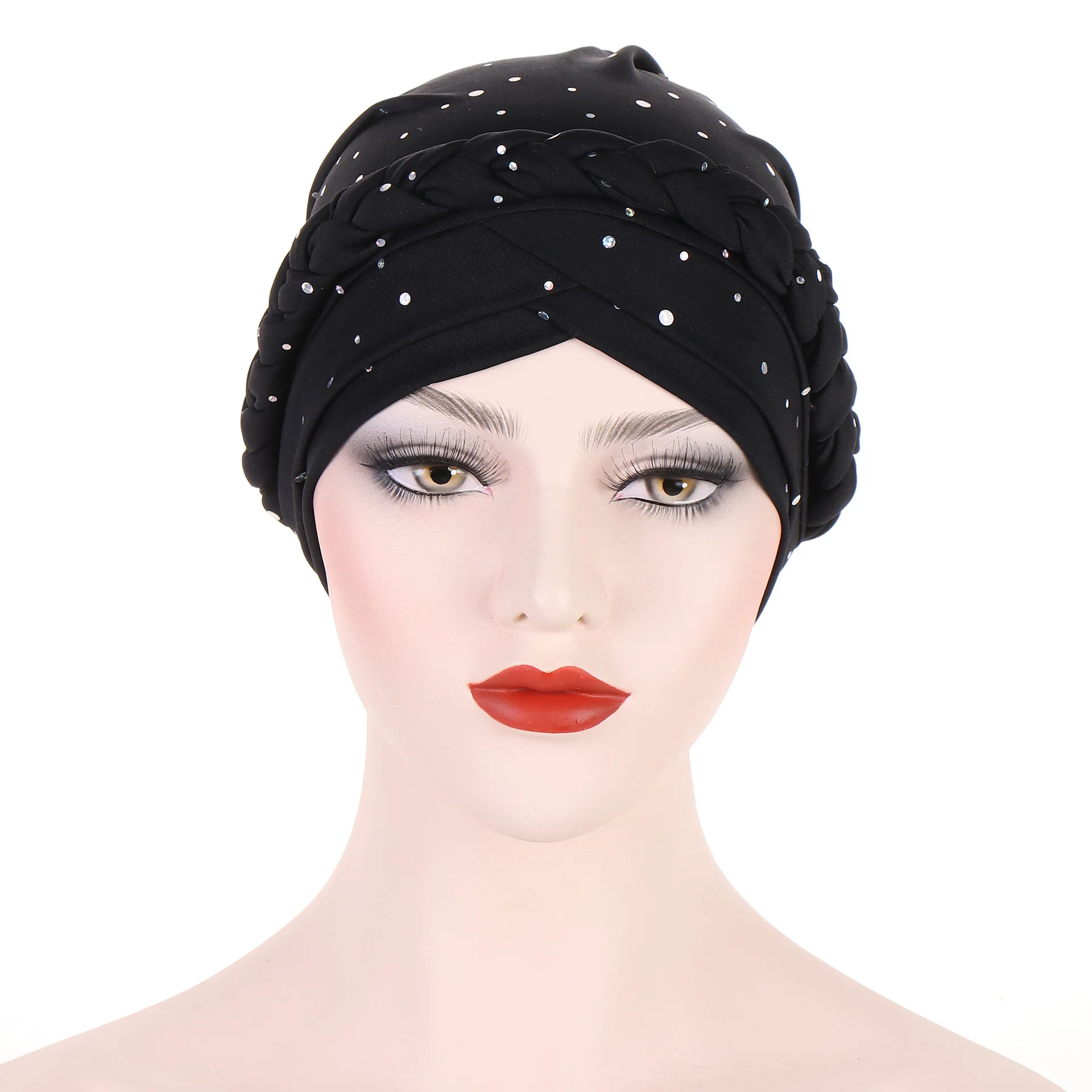 Women Turban Cap Beaded Headscarf Beanie African Braid Cap for Women Twisted Beaded Braid Wrap Hat Turban for Muslim Women