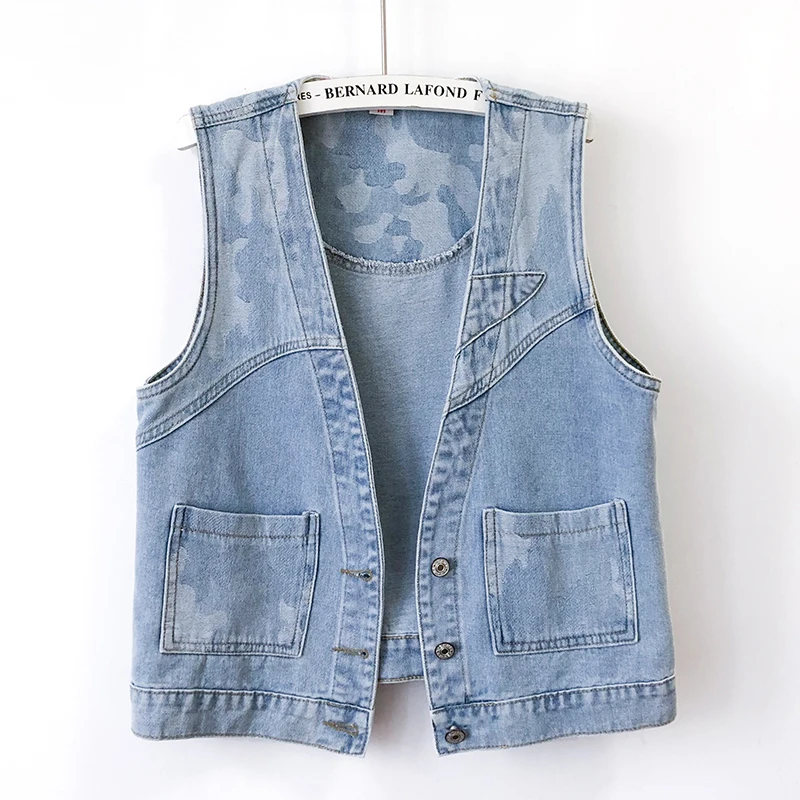 

Fashion Splicing Jacquard Denim Vest Women Waistcoat Pocket V Neck Cowboy Sleeveless Jacket Coat Slim Short Jeans Vest Female