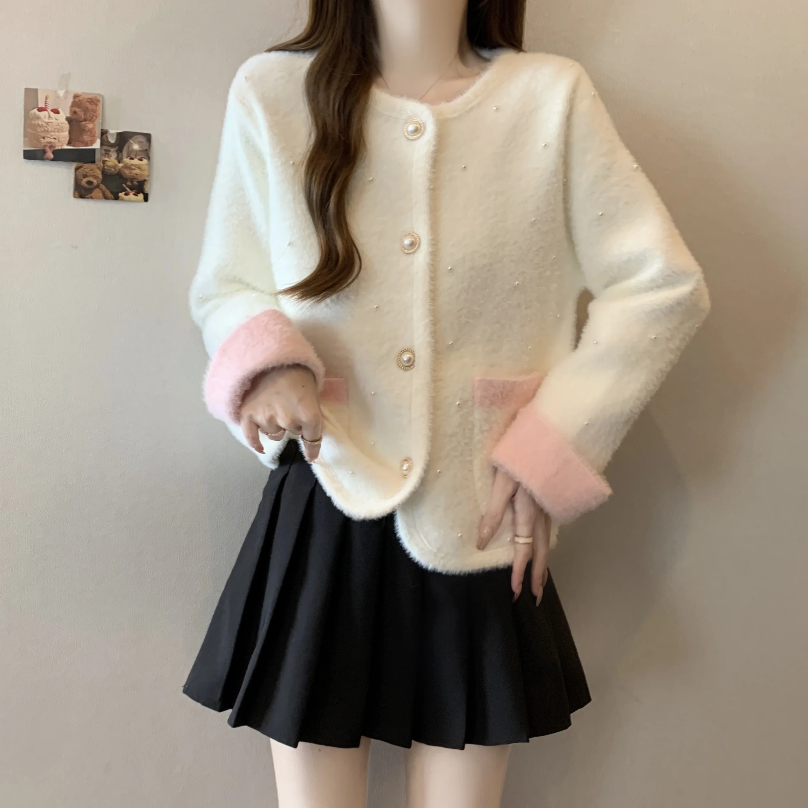 Изящный вязаный кардиган с жемчужным дизайном для женщин новинка 2024 осень