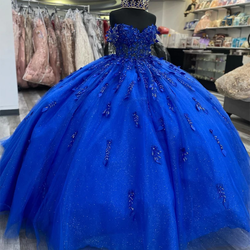 Блестящие ярко-синие платья для Quinnceanera бальное платье с открытыми плечами