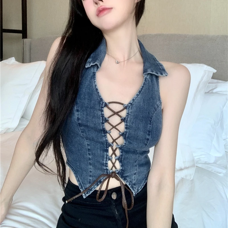 

2023 New Retro Sexy Hollow Tight-fitting Thin Casual Denim Vest Women's Solid Color Bandage Lapel Short Tank Top Leaky Back