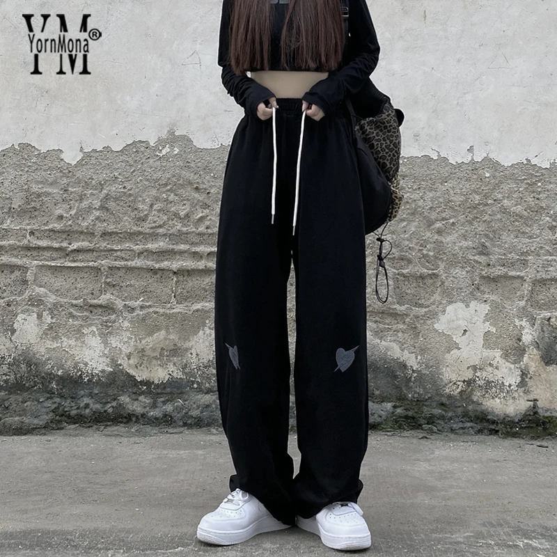 

YornMona High Waist Casual Women Pants Chic Retro Heart Embroidery Long Straight Trousers Streetwear Lady Harajuku Black Pants