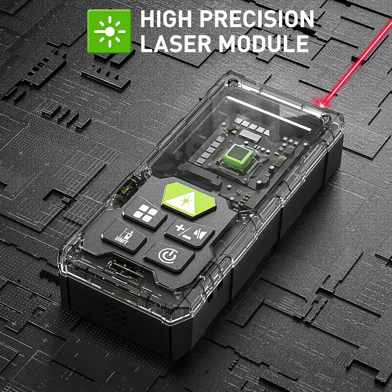 Dalmierz laserowy Huepar DM 50m-120m dalmierz z jednym poziomem bąbelkowym i podświetlanym wyświetlaczem LCD M/in/Ft/Ft+in przełączaniem