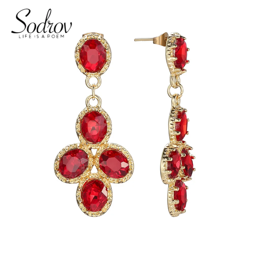 

SODROV Luxury Jewelry Vintage Golden Ruby Drop Earrings for Women Wedding Engagement Earring Gift
