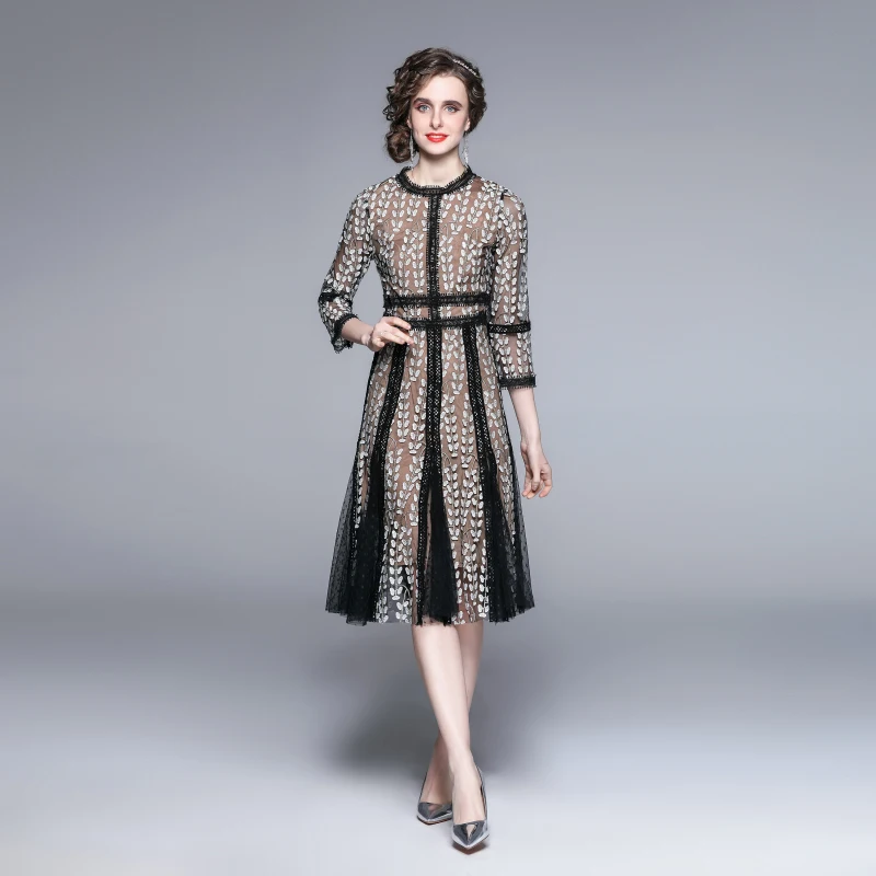 

SuperAen Spring Autumn 2023 New European and American Dress High Waist Mesh Embroidery Long Dress for Women