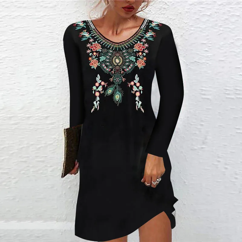 

Autumn Winter 2022 Women's Fashion Sexy Elegant Floral Print Vintage V-Neck Dress Casual Vacation mini Long Sleeve Dress New