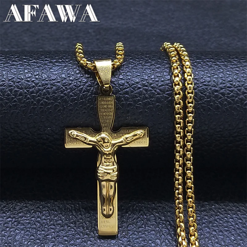 

Catholic Cross Men Necklace Chain Stainless Steel Gold Color Religious Jesus Necklaces Jewelry corrente masculina N4932S02