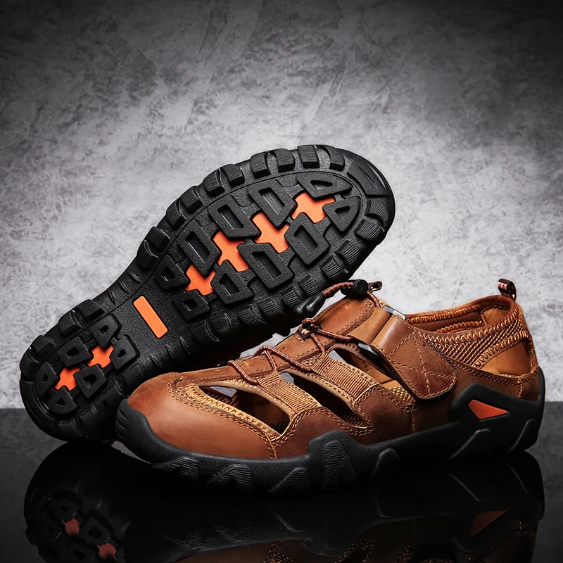 

2020 summer men hiking sandals outdoor mountain sandalia masculina hollow breathable genuine leather handmade mens roman