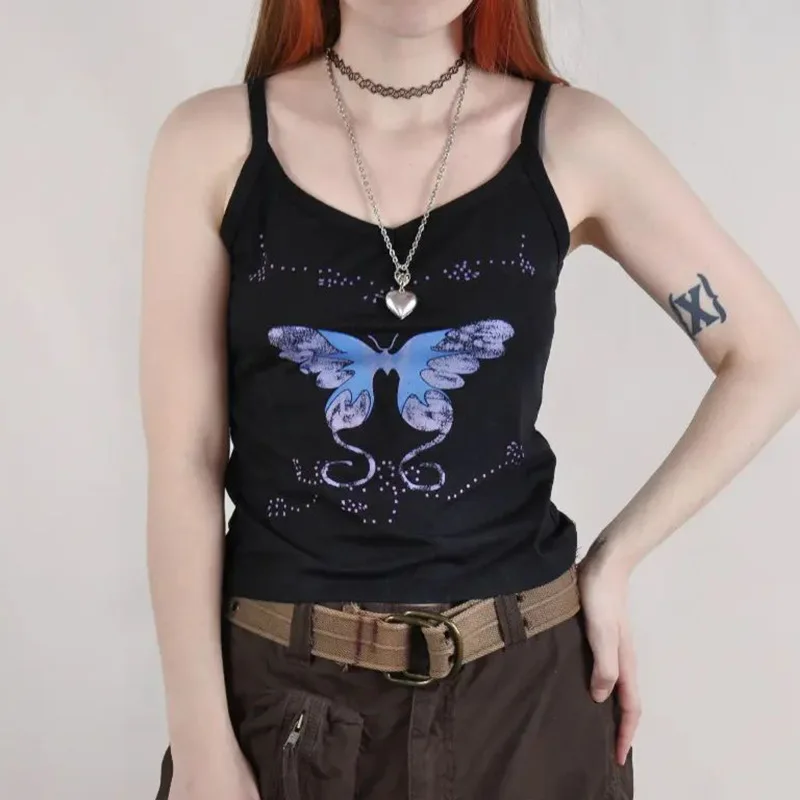 

Gothic Cyber Y2K Strap Cute Summer Crop Tops Short Camisole Harajuku Butterfly Printed Y2K Top Women Clothes Academia