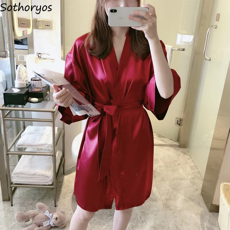 

Халат женский однотонный с рукавом 3/4, мягкая пижама в стиле оверсайз, атласная дышащая пикантная одежда для отдыха, корейская мода, на лето