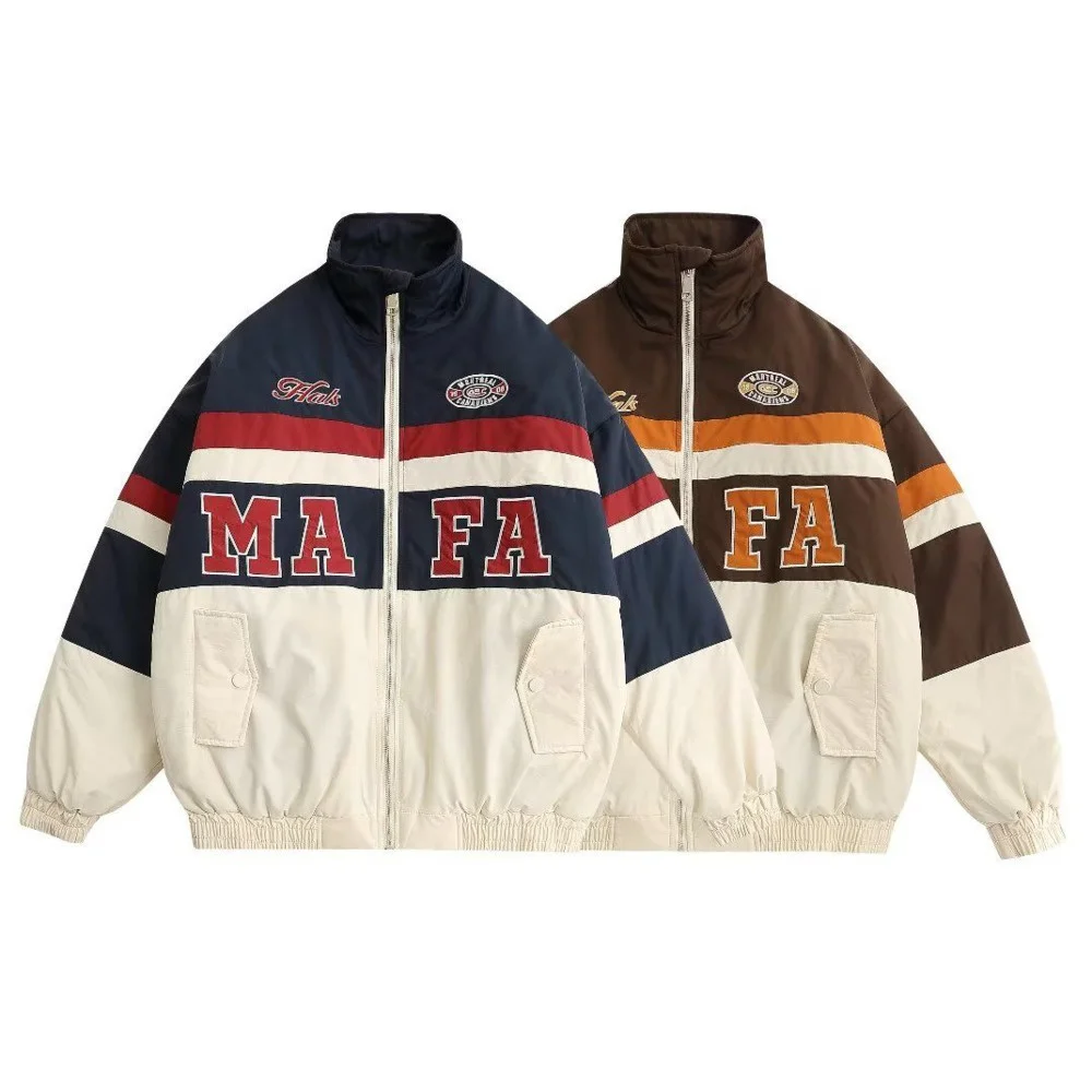 

Winter Coat Retro Patchwork Letters Cotton Padded Jacket For Men Fashionable Warm American Couple's Cotton