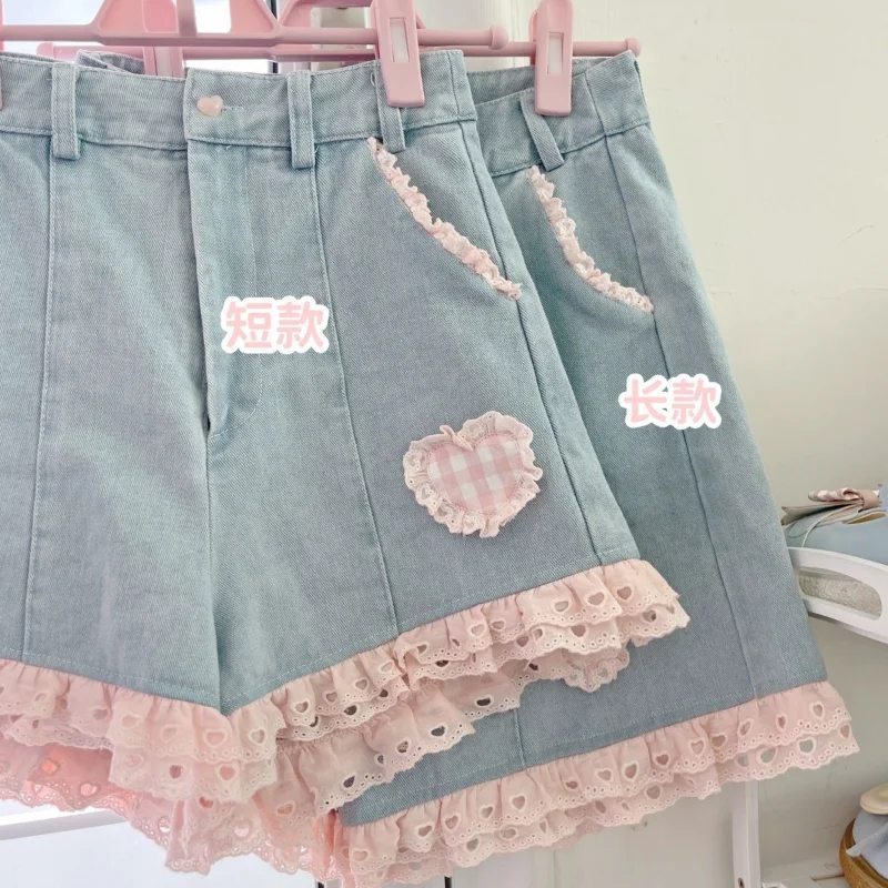 

Pink Lace Ruffles Patchwork Short Jeans Y2k High Street Light Blue Sweet Plaid Women Denim Shorts Summer Slim Zipper Fly Korean