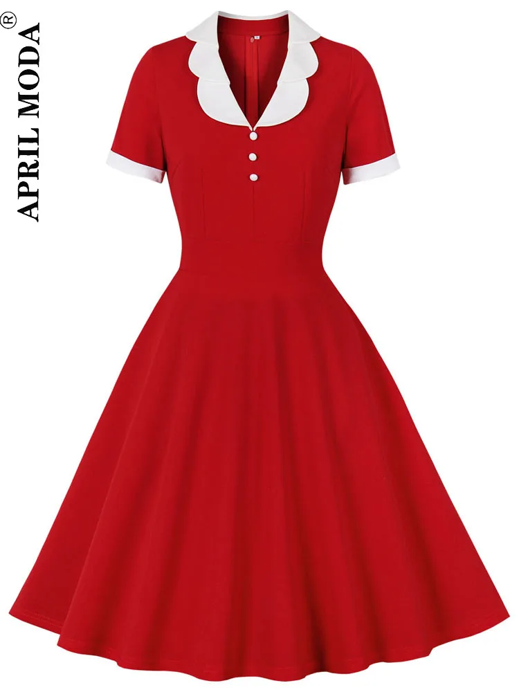 

50s летнее Повседневное платье с пышной юбкой в стиле ретро; В винтажном стиле; Однотонные красные лоскутное платье; Robe De коктейльные вечерни...