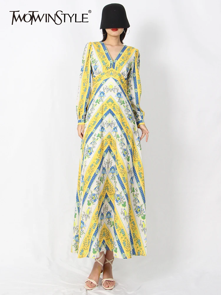

TWOTWINSTYLE Vintage Patchwork Colorblock Dress For Women V Neck Long Sleeve High Waist Print Midi Dresses Female 2022 Clothing