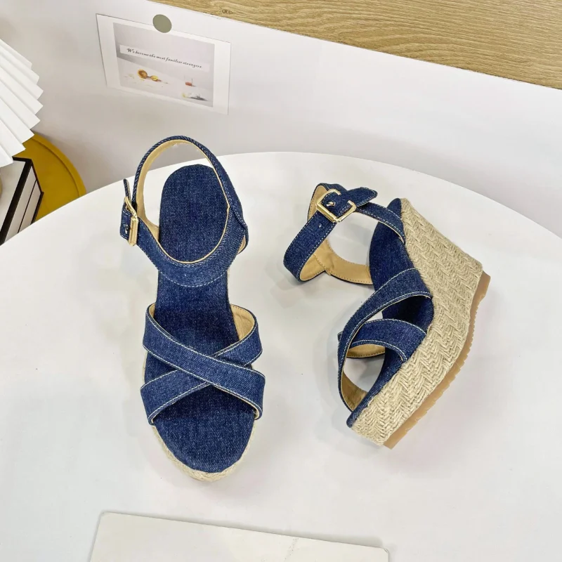 

Women Denim Buckle Sandals High Wedges Heels Platform Jean Sandal for Ladies Party Casual Footwear New