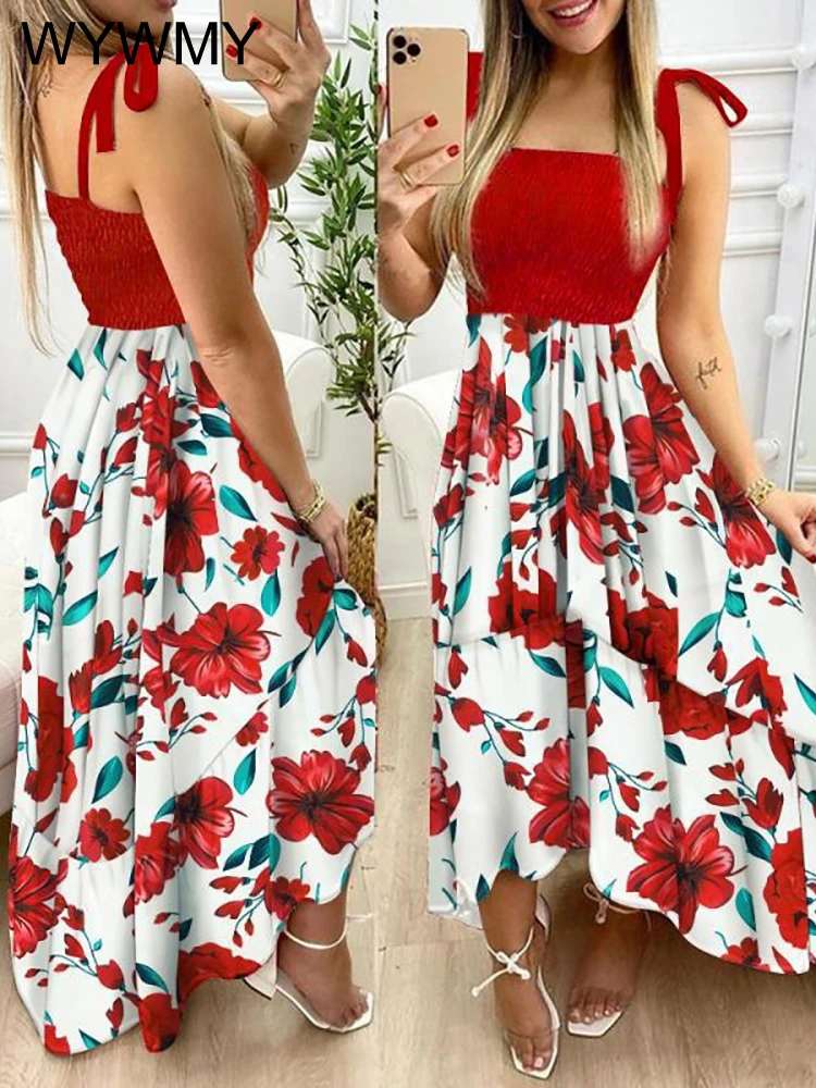 

WYWMY Flower Printed Long Dress Women Summer Dresses Sexy Backless Irregular Sleeveless Vintage Dress Maxi Vestidos Robe Femme