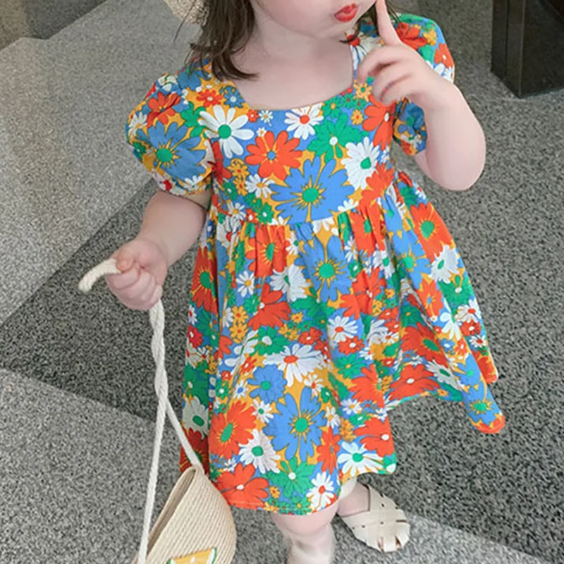 

Sweet Clothing for Girls Square Collar Backless Short Sleeve A-line Skirt Fashion Floral Print Summer Dresses Kids for Children