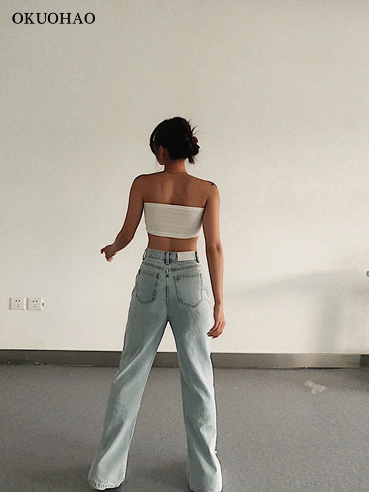 Джинсы-бойфренды Okuohao прямые широкие штаны свободные с высокой талией 2020 |