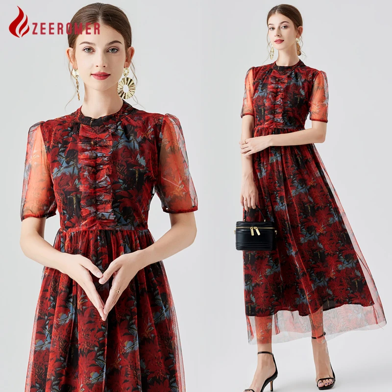 

Женское длинное вечернее платье с оборками, элегантное красное Сетчатое платье в стиле ретро с цветочным принтом и короткими рукавами, лето 2023