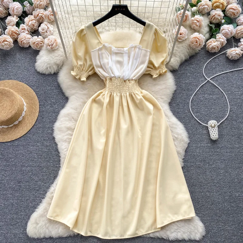 

Summer Tea Break French High-end Square Neck Bubble Sleeve Pleated Waist Style Niche Dress