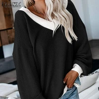 casual solid loose blusa v neck patchwork chemise oversized zanzea fashion women waffle tops tunic 2022 long sleeve knitted tees