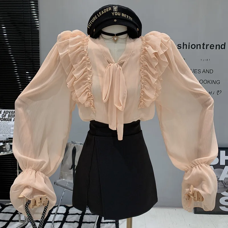

Новинка Женская одежда Весна 2023 Красивая маленькая Рубашка розовая рубашка с пышными длинными рукавами дизайнерская блузка с рюшами на шнуровке