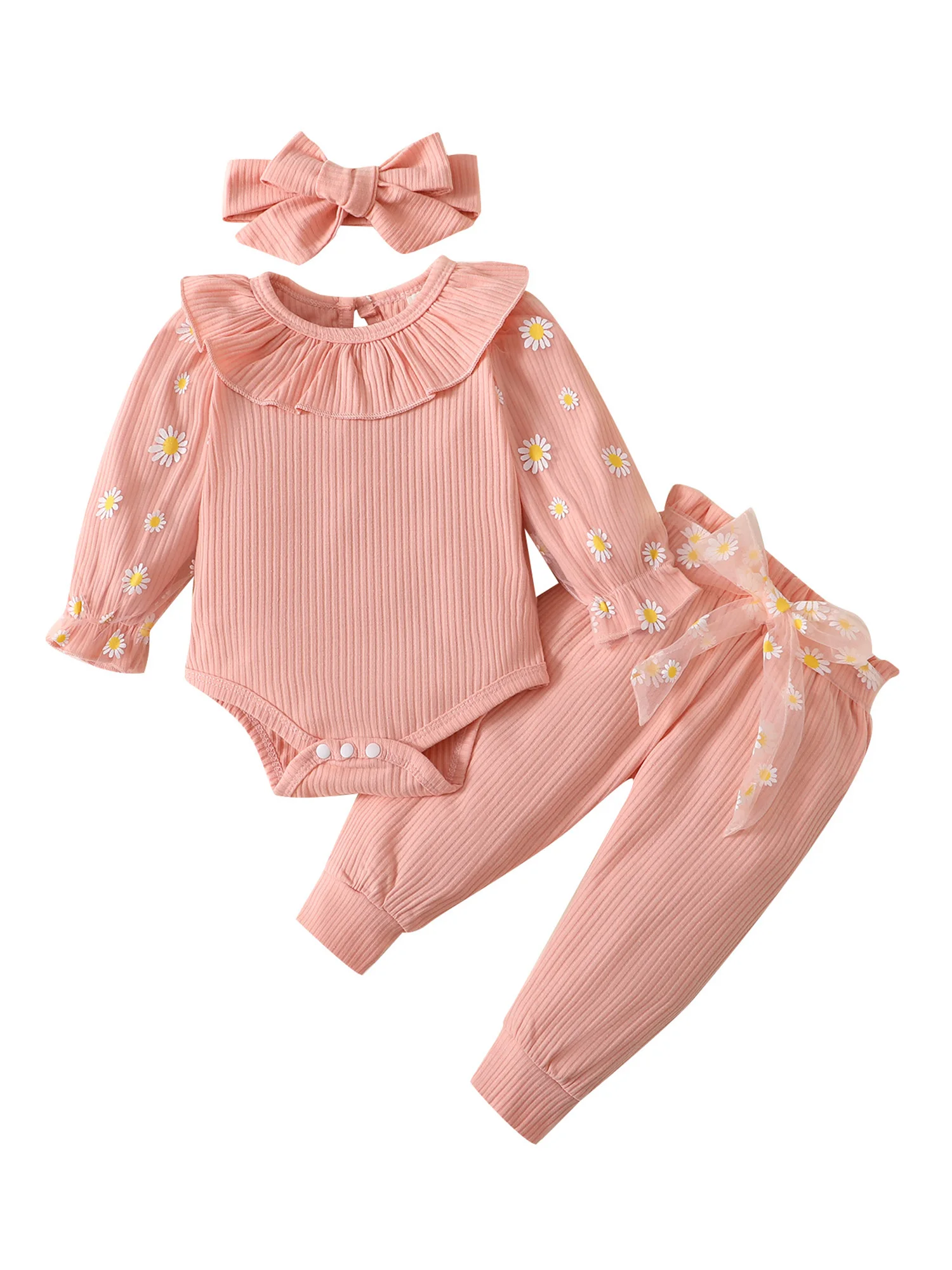 

3Pcs Baby Girls Fall Outfit Daisy Print Long Sleeve Romper Belted Pants Headband Set for Toddlers 0-18 Months
