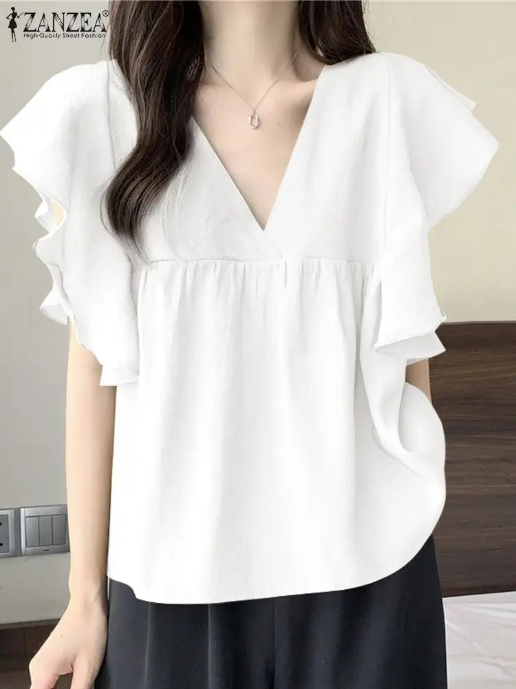 

Блузка ZANZEA женская с коротким рукавом, модная Элегантная Повседневная Туника с V-образным вырезом и оборками, большие размеры, лето 2023