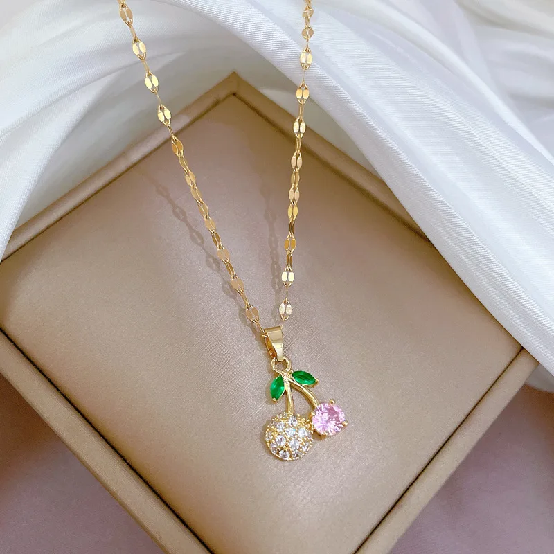 

Cute Pink Zircon Cherry Choker Necklace for Women Pendant Jewelry Fashion Crystal Clavicle Chain Gold Color Wedding Friend Gift