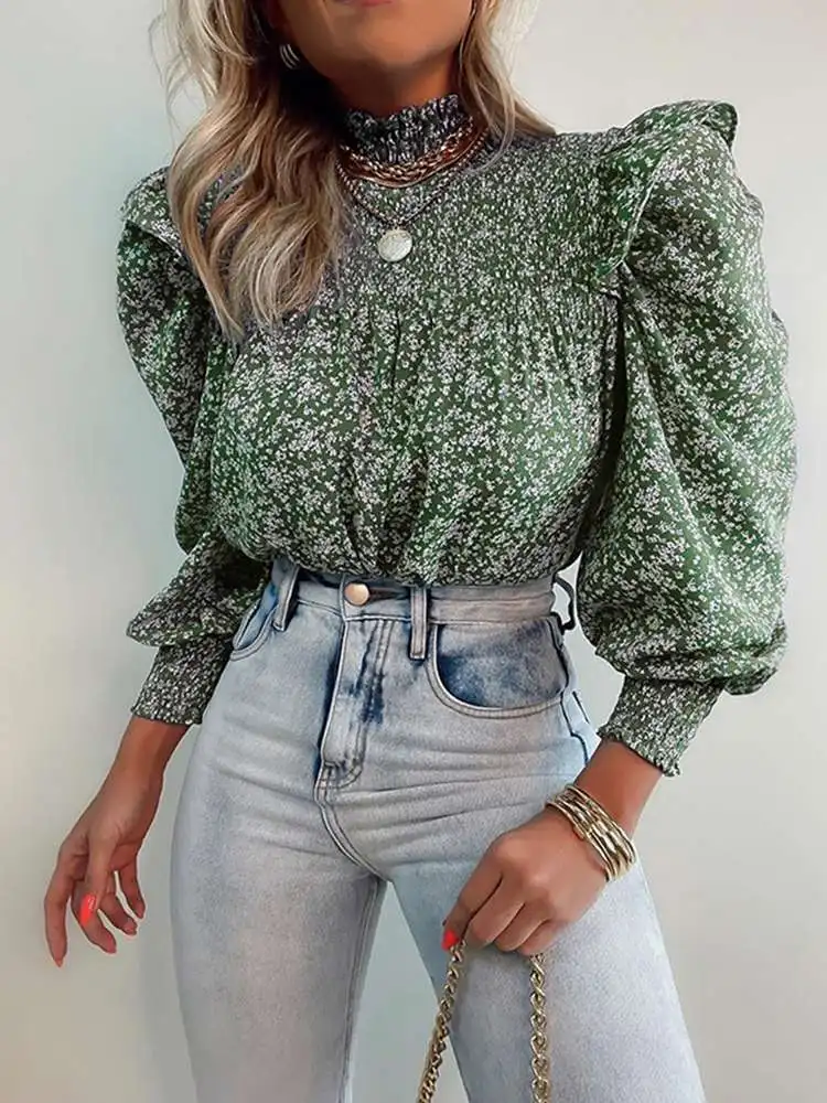 

Модные топы Celmia, рубашки с цветочным принтом, весна 2022, винтажные женские блузки с длинными рукавами-фонариками и воротником-стойкой, плисси...