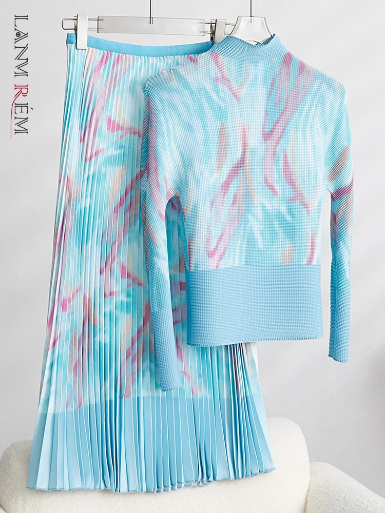 

LANMREM Fashion Printed Pleated 2 Pieces Set For Women Turtleneck Long Sleeves Slim Tops High Elastic Waist Skirts 2023 32D621